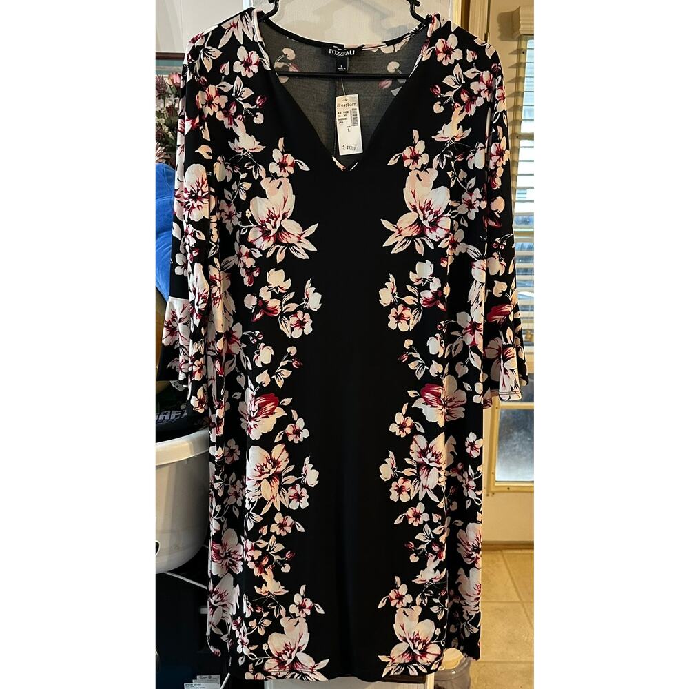 Dressbarn Roz & Ali Women’s Black‎ Floral 3/4 Bell Sleeve Dress Size Large